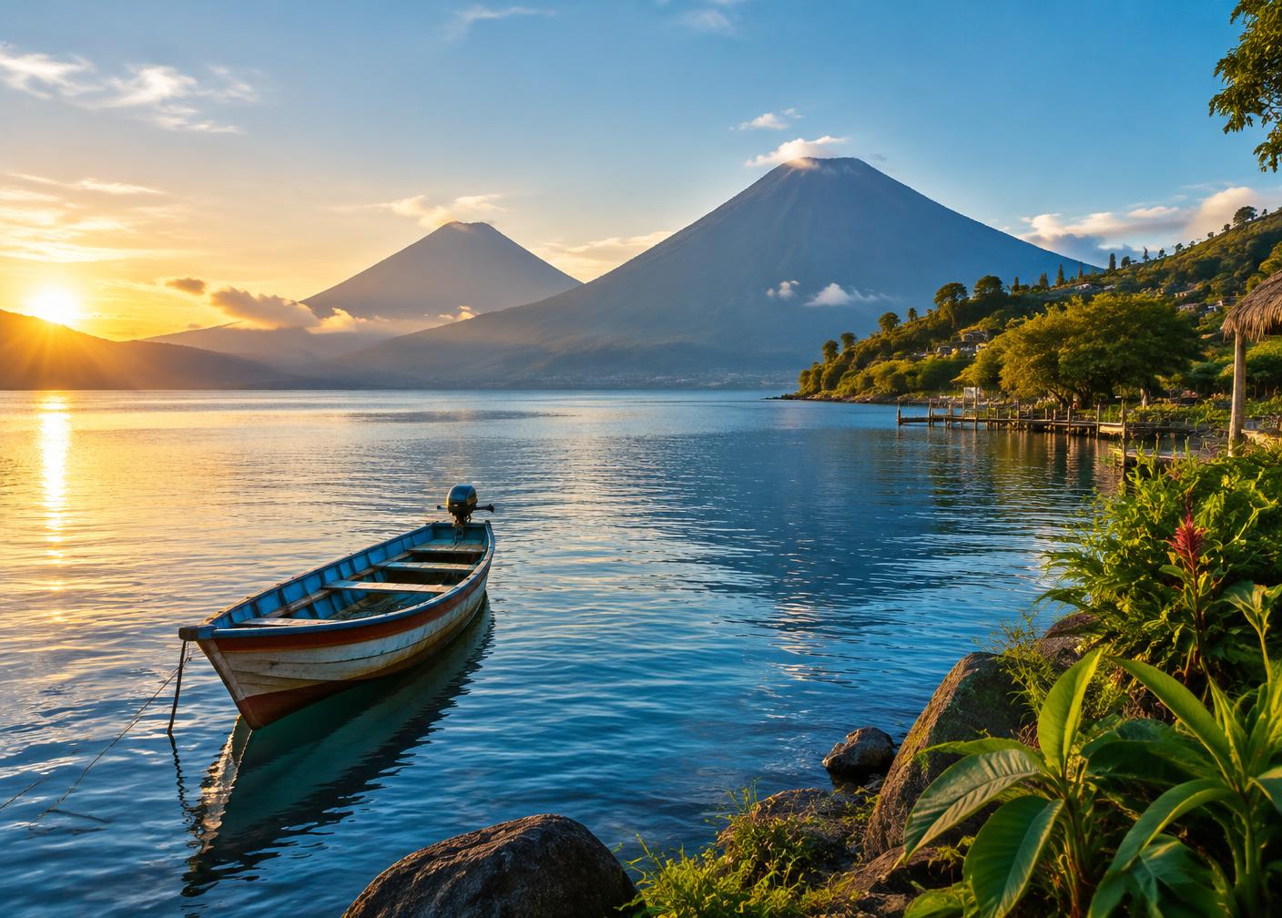 Lake Atitlán and volcanoes at sunrise in Guatemala