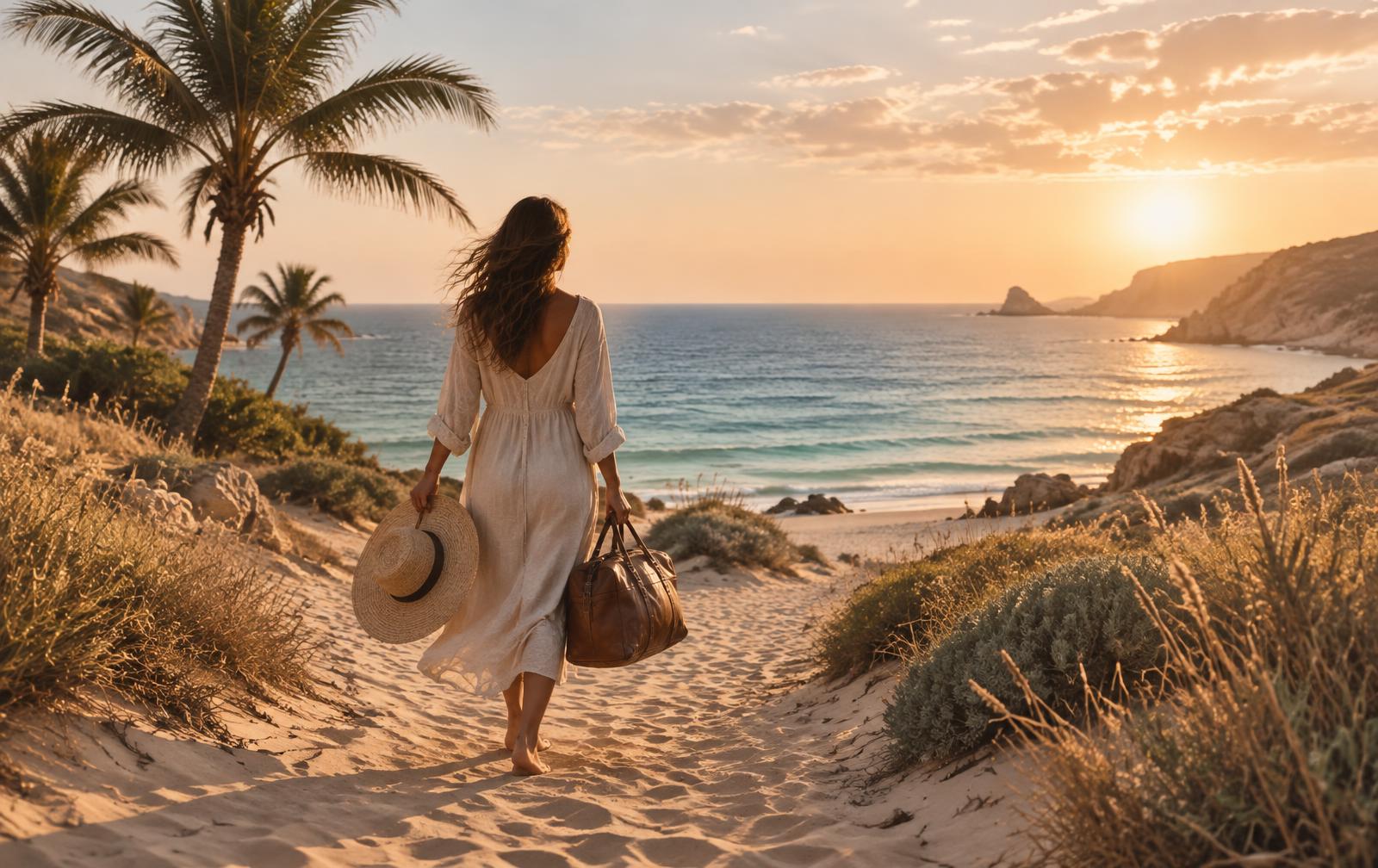 A woman traveler walking a sandy path toward the sea at golden hour