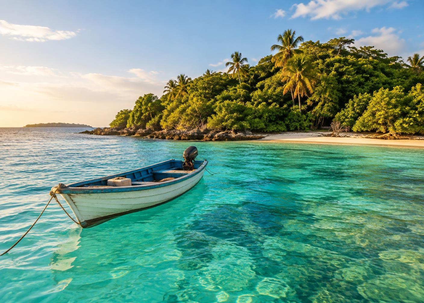 A small boat floating in clear Caribbean water beside a lush Honduran island