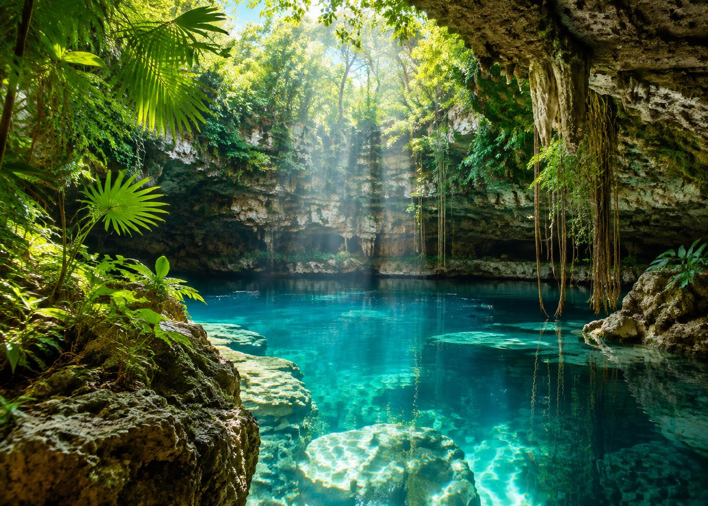 A clear blue cenote surrounded by tropical plants in Mexico